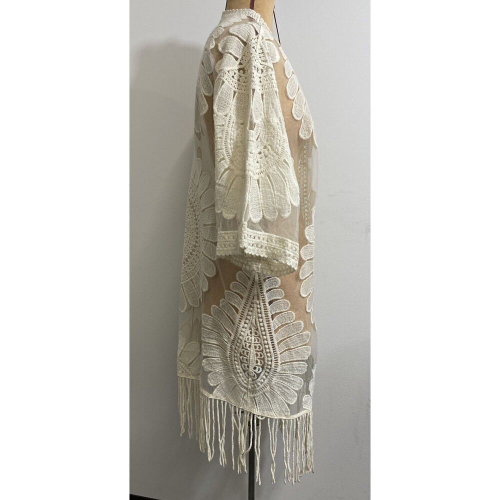 Chico's Lace Embroidered Fringe-Detail Kimono Sheer Duster Cream Size S/M NWT - Picture 4 of 9